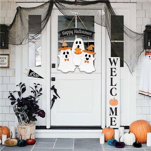 Halloween Ghost Door Sign BOO Decorations, Happy Halloween Wooden Ghost Hanging - Picture 2 of 8